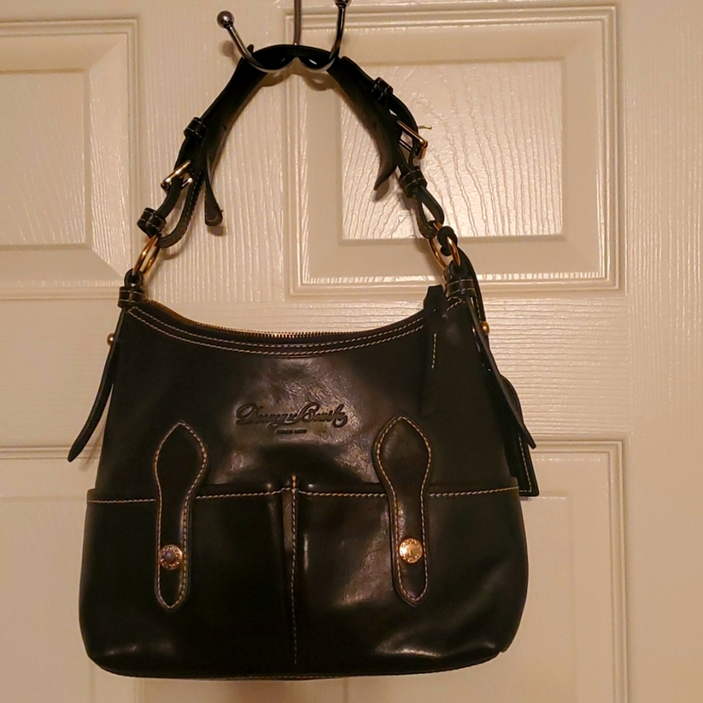 Dooney & Bourke Black Leather Hobo Shoulder Bag with Gold Accents